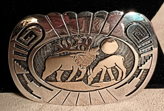 Belt Buckle - Beautifully Detailed Elk Design in Gold and Sterling Silver by Artist Watson Honani (Deceased)